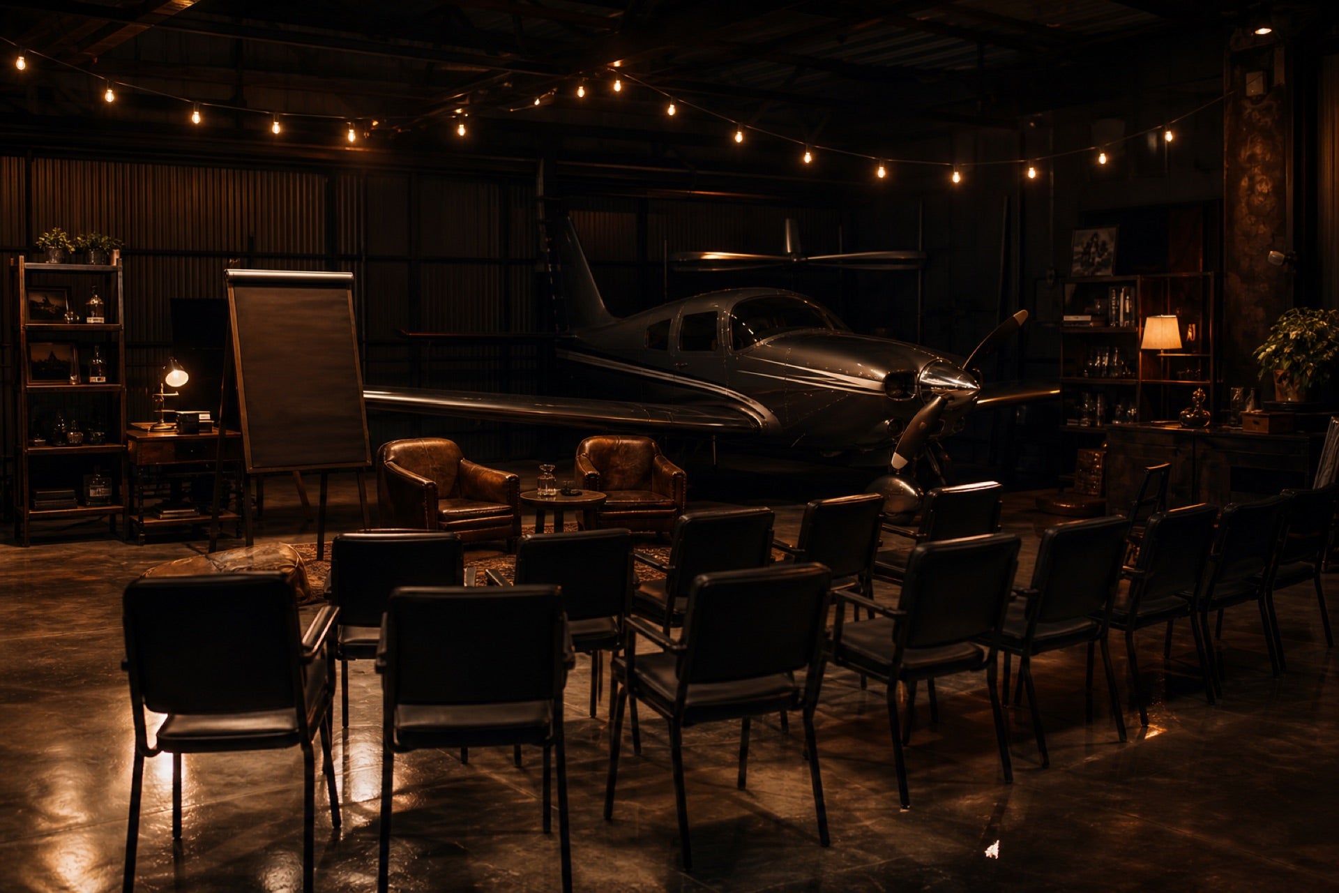 Evening seminar setup inside a dark hangar, chairs under warm string lights with a single-engine aircraft as the backdrop
